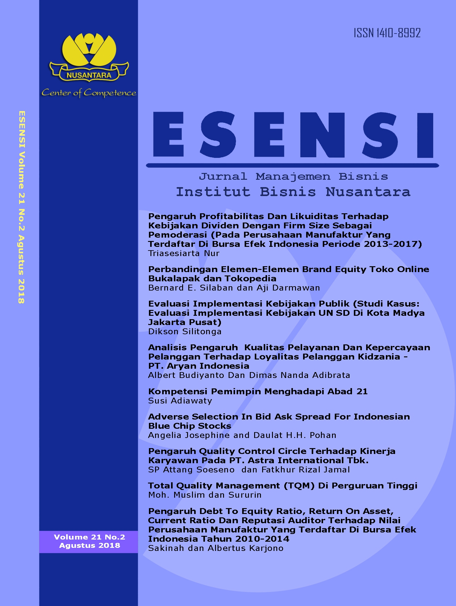 Cover Esensi Vol.21 No.2 Agustus 2018