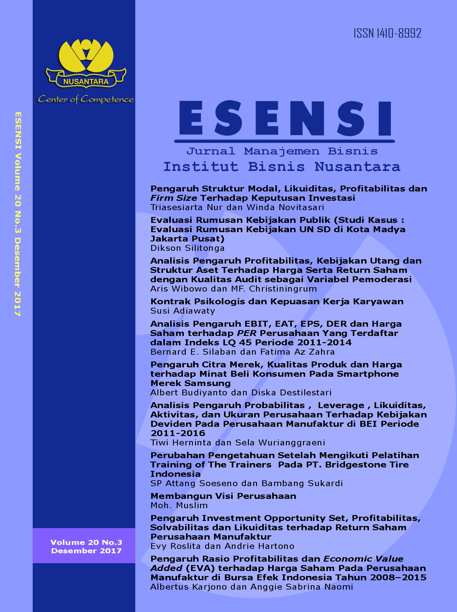 Cover Esensi Vol.20 No.3 Desember 2017