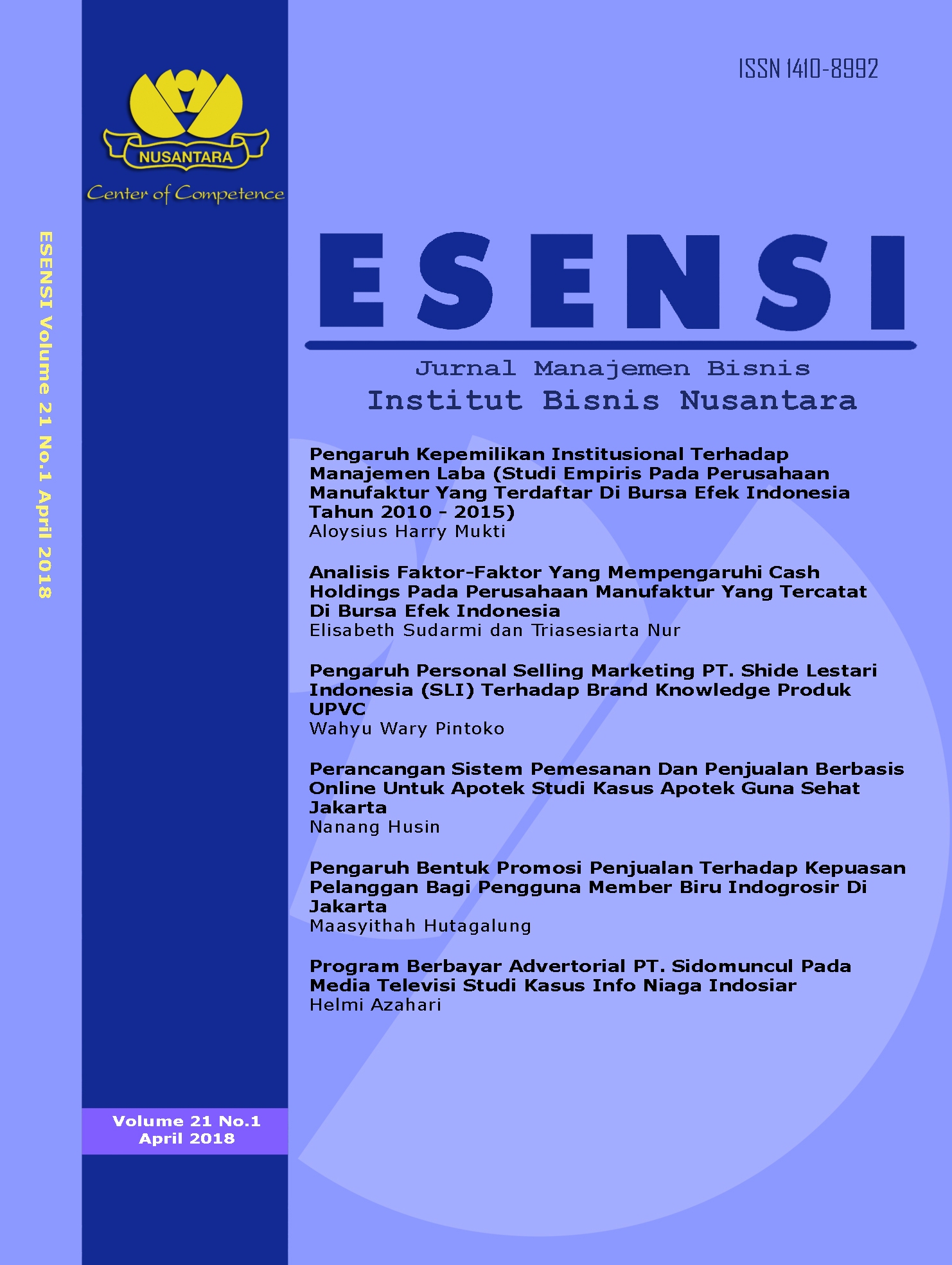 Cover Esensi Vol.21 No.1 April 2018